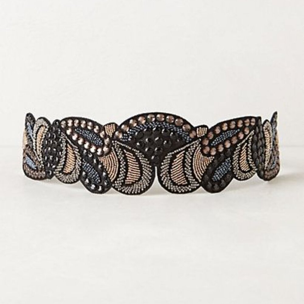 Anthropologie Frosted Paisley Belt Black Bronze Silver Beaded Stretch